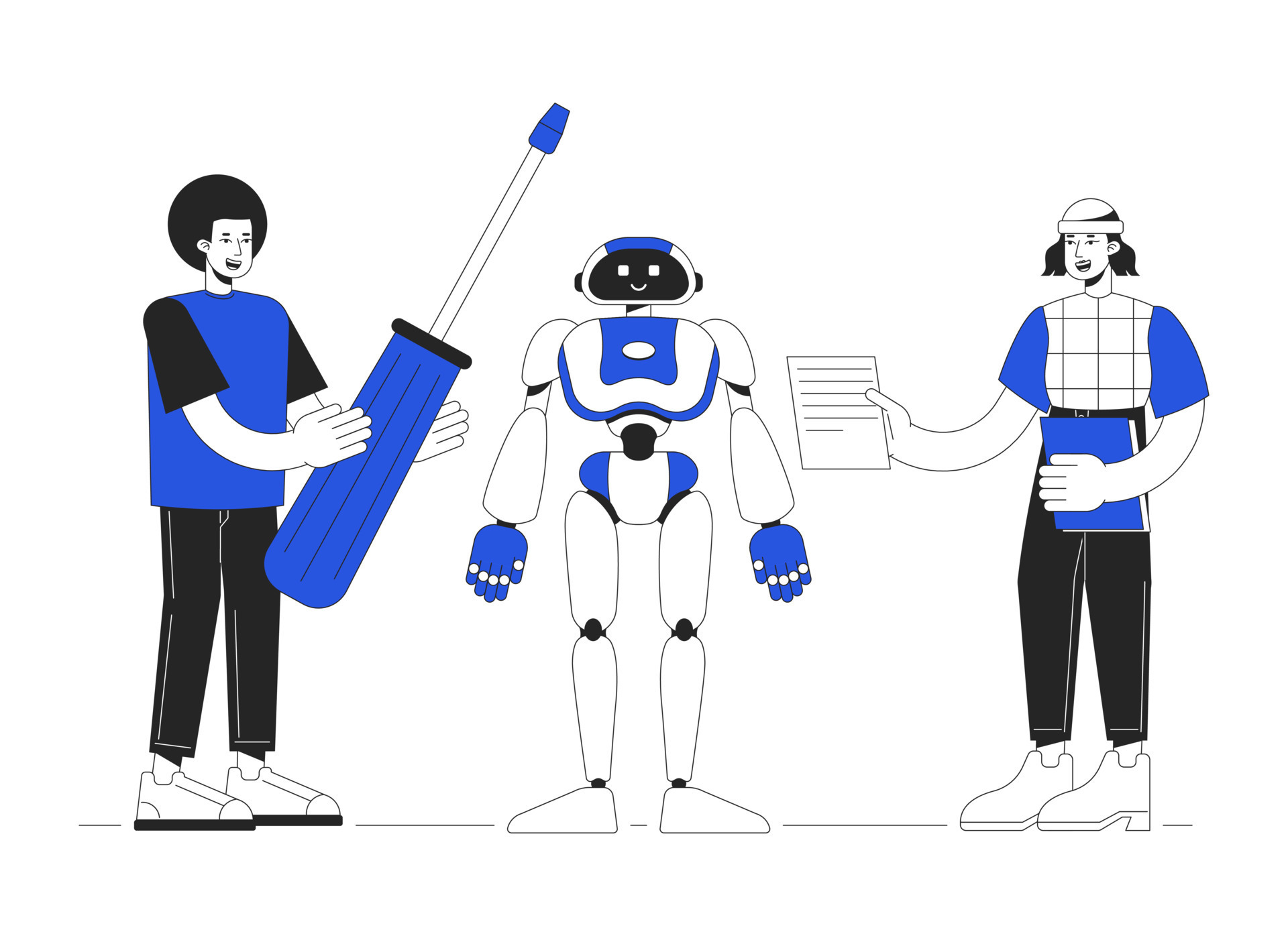 Building humanoid robot duo color line concept vector spot illustration.  Editable 2D flat duotone cartoon characters on white for web design.  Robotics engineers creative idea for website, social media 22429531 Vector  Art