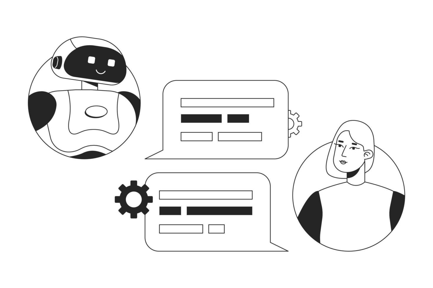 Conversational AI chatbot black and white concept vector spot illustration. Editable 2D flat monochrome cartoon characters for web design. Virtual tool line art idea for website, mobile, blog