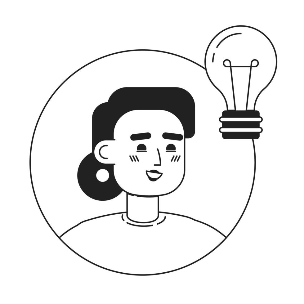 Smiling lady with light bulb black and white concept vector spot illustration. Editable 2D flat monochrome cartoon character for web design. Creative line art idea for website, mobile, blog