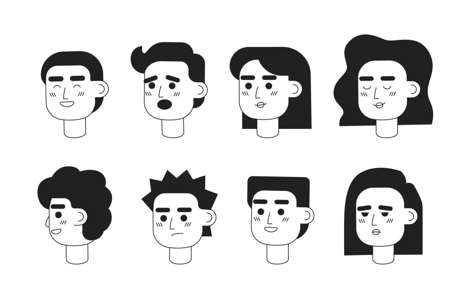 Women, men emotional variations monochromatic flat vector character heads pack. Black white avatar icons. Editable cartoon user portraits. Simple lineart spot illustrations set for web graphic design