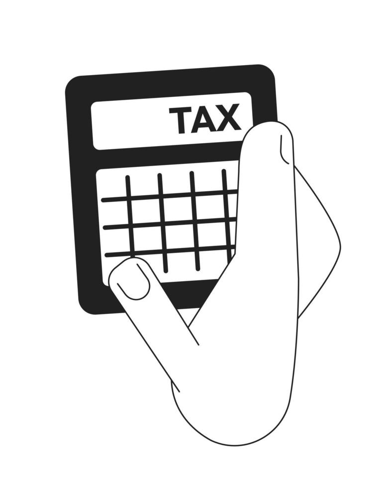 Hand with income tax calculator monochrome flat vector icon. Budget planning. Editable full sized black and white element. Simple thin line art spot illustration for web graphic design and animation