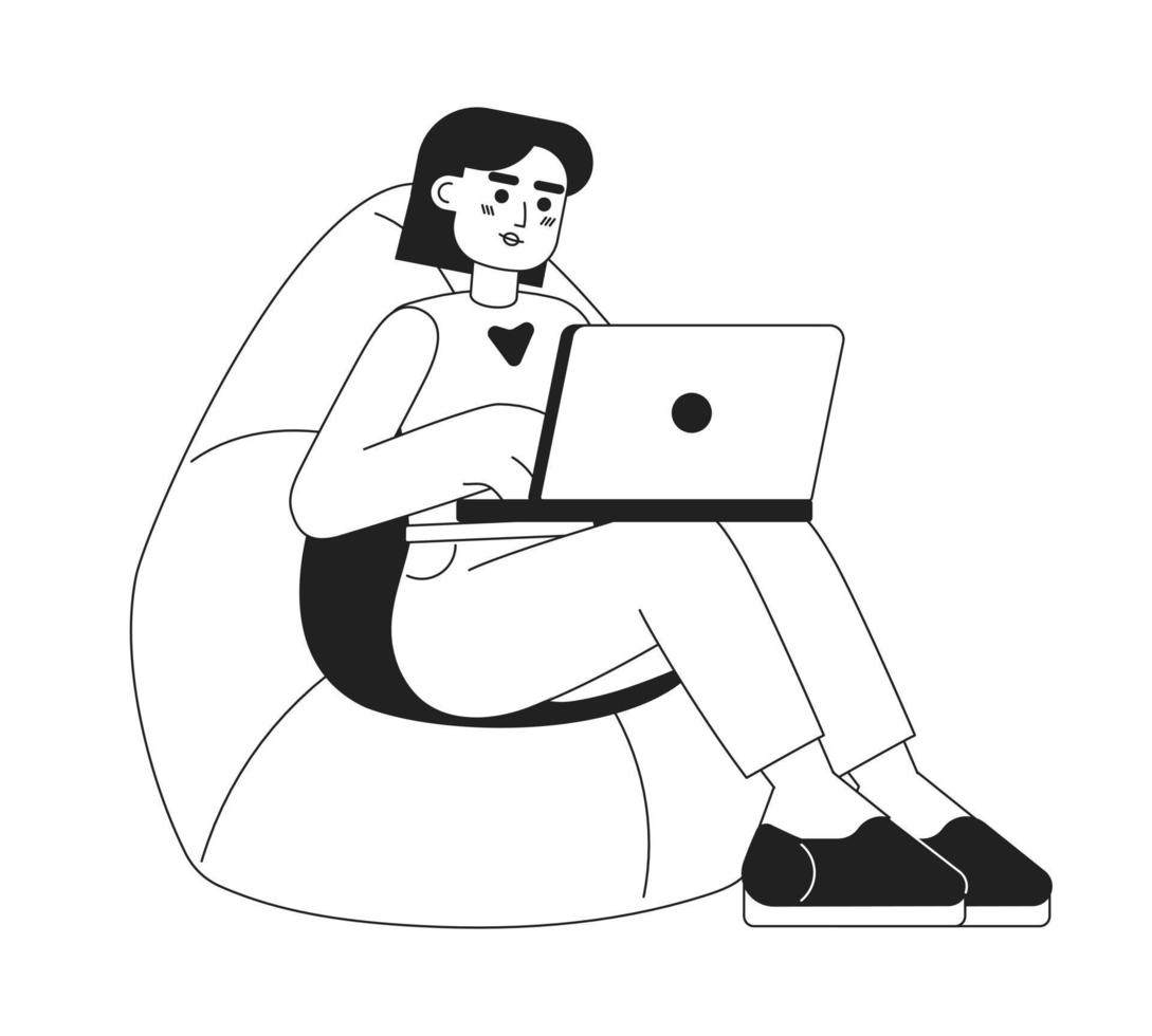 Comfortably working from home monochromatic flat vector character. Linear hand drawn sketch. Editable full body person. Simple black and white spot illustration for web graphic design and animation