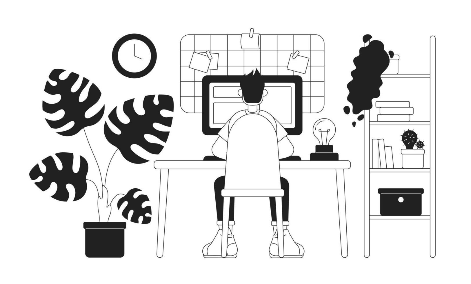 Cozy home office setup with freelancer 2D vector monochrome isolated spot illustration. Flat black and white character on cartoon background. Thin line editable scene for mobile, website, magazine
