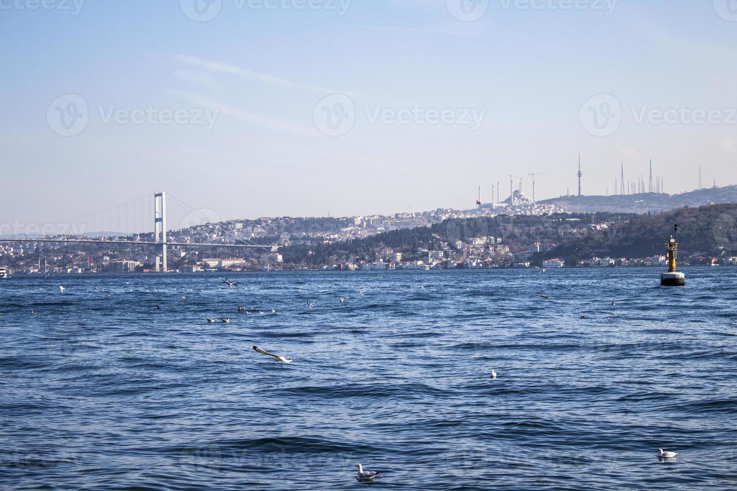 Landscape of the Istanbul bosphorus with ships on it under a cloudy sky in the evening photo