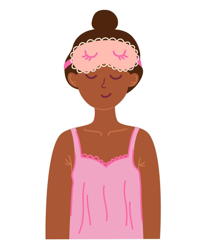 hermosa mujer con dormido mascarilla. de piel oscura niña es consiguiendo Listo para cama en pijama y un dormir mascarilla. bueno Mañana. noche accesorio a dormir, viaje y recreación. vector ilustración