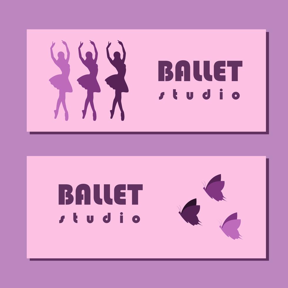 teatro boleto diseño. ballet colegio volantes modelo. bailarina silueta en el tutu y pointe zapato con mariposa. rosado y púrpura tarjeta diseño. vector ilustración