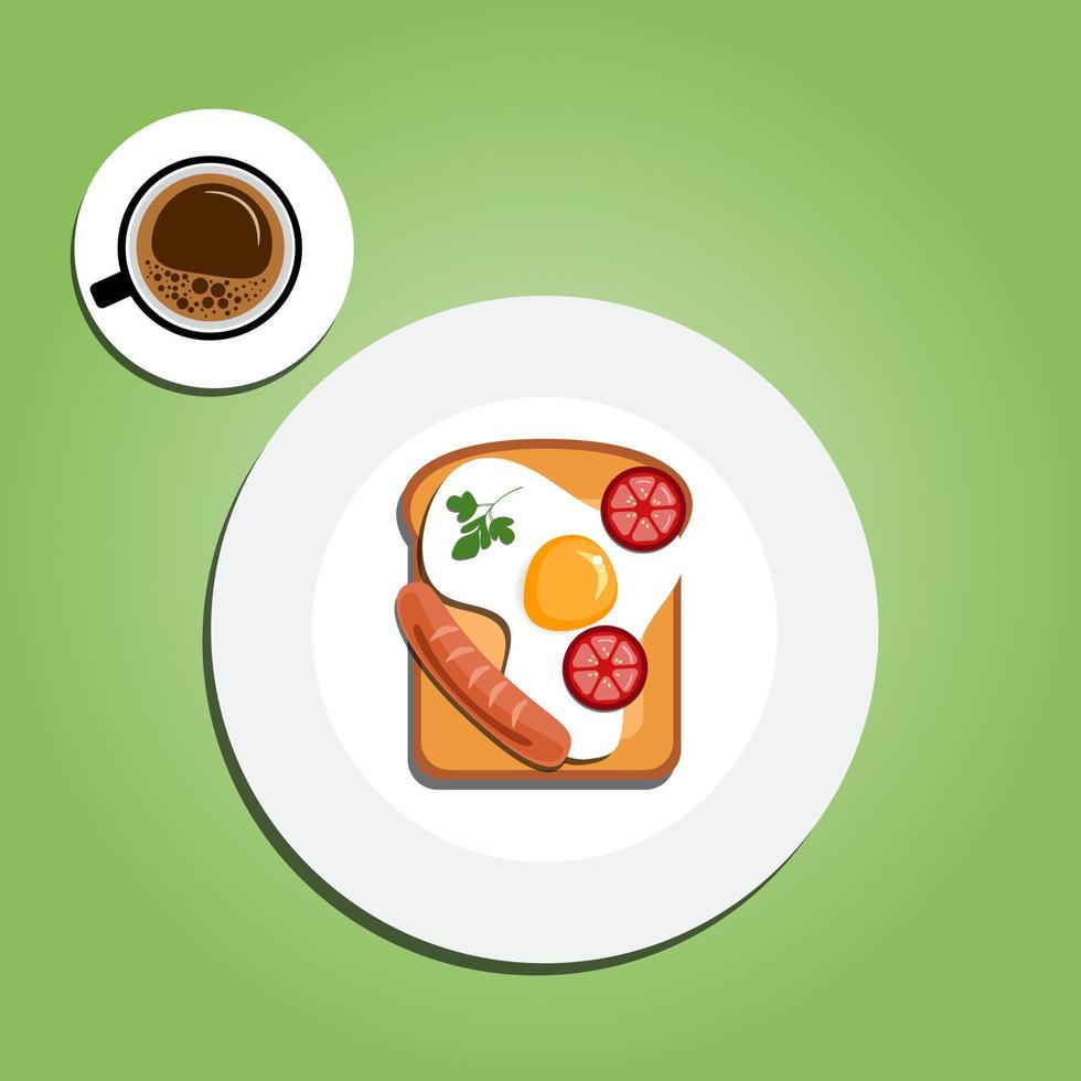 emparedado parte superior vista. brindis con tostado huevo, y tomate para un sano desayuno aislado en azul antecedentes. rápido comida elementos, papel cortar fuera vector ilustración