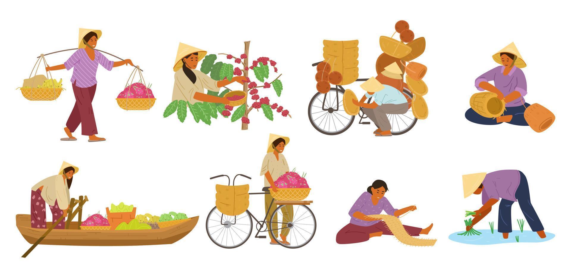 Vector Set Of Asian Women In Conical Straw Hats Working. Carrying Yoke, Harvesting Coffee Beans, Weaving Baskets And Mat, Selling Fruits From a Boat and From Bike, Working On Rice Field.