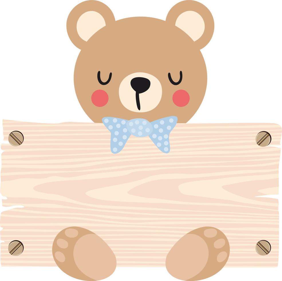 Cute teddy bear holding a wooden signboard vector