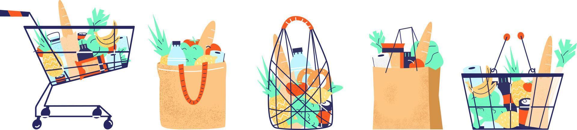 Full shopping bags, baskets, cart, string bag with groceries set. Fruits, vegetables, baguette, canned food. Grocery purchase. Isolated on white. Flat vector illustration.