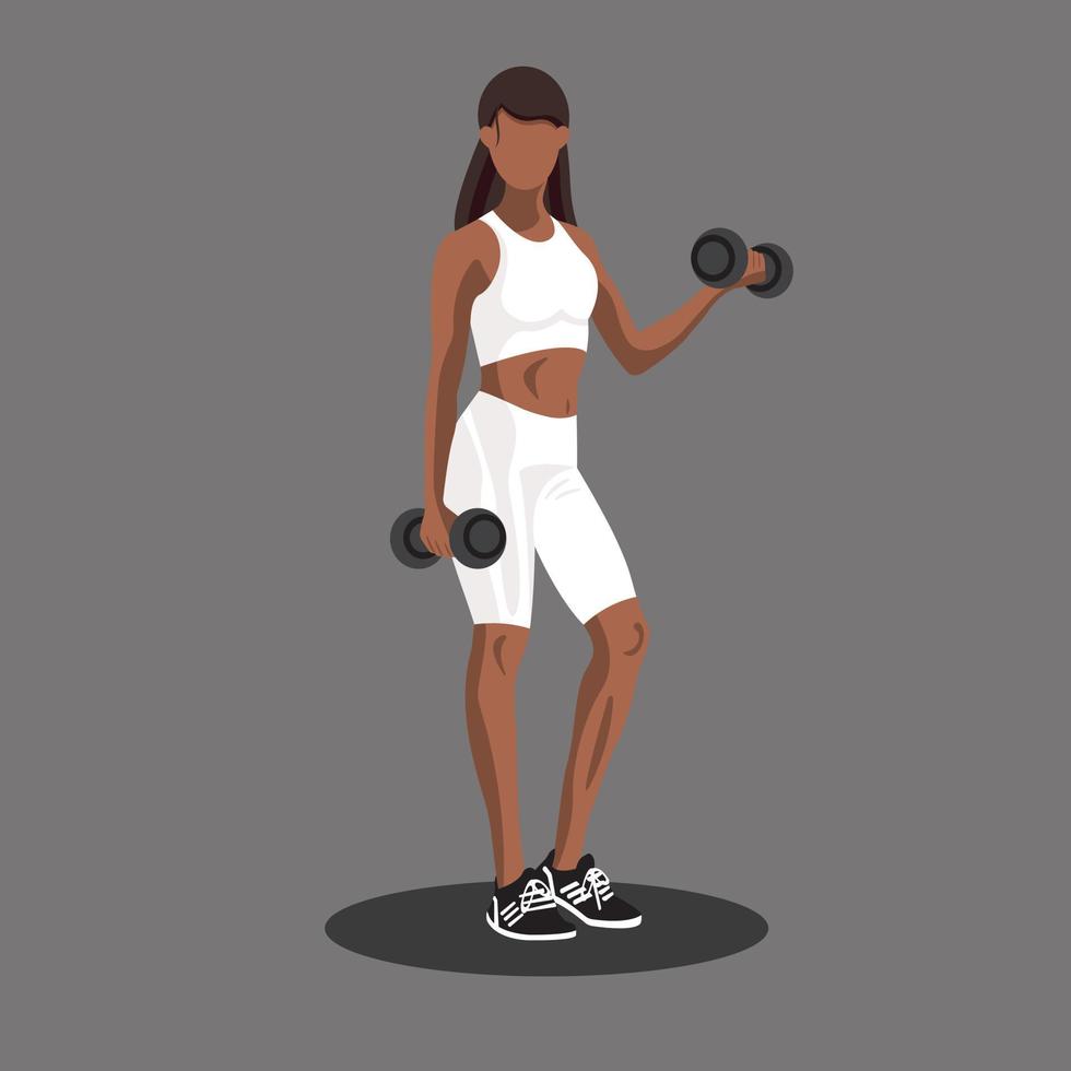 Faceless fitness African American woman in sportswear standing and doing a workout with the dumbbells. Workout and sports training concept. Vector illustration