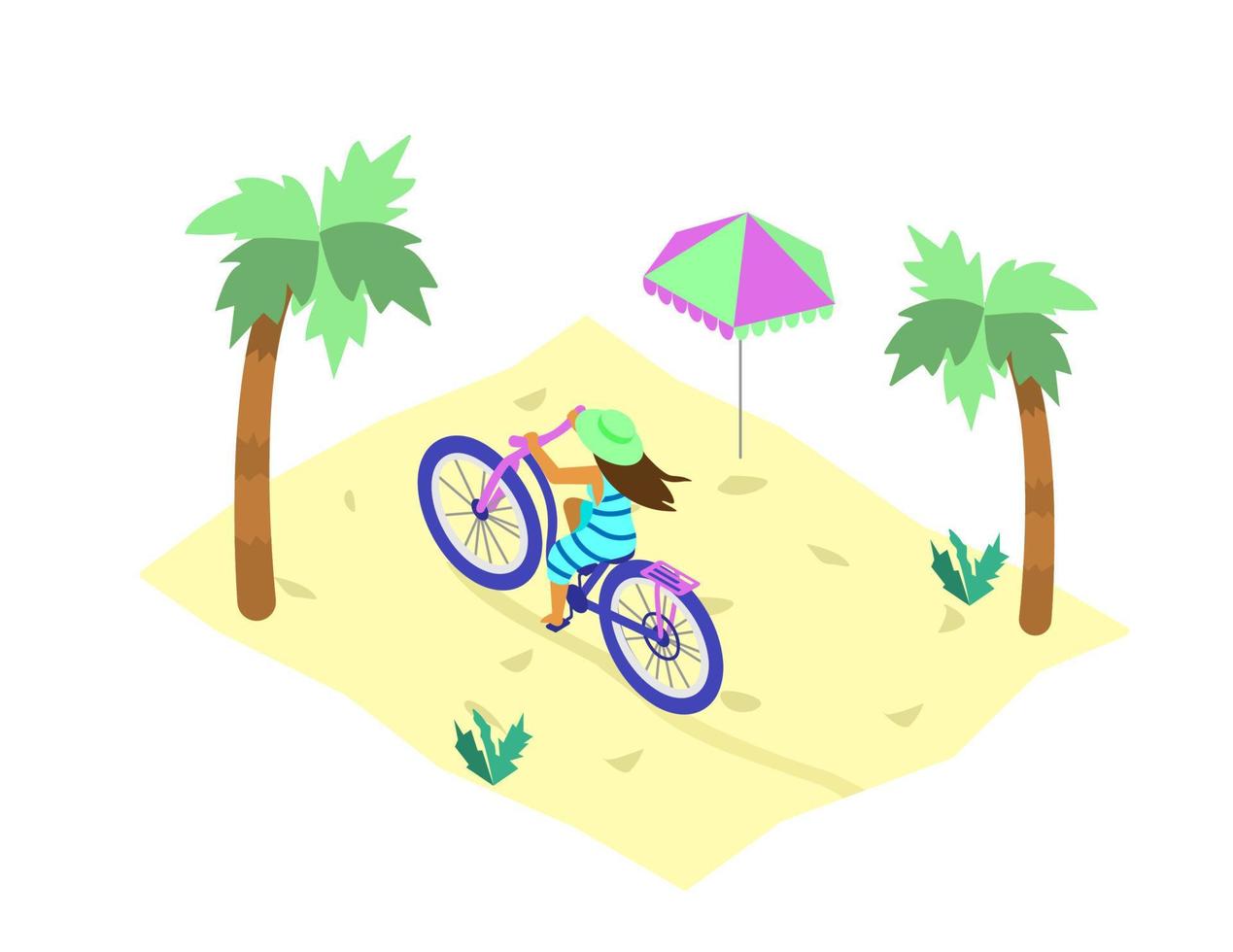 Vector illustration of isometric beach scene with woman riding fatbike among palm trees. Summer activity.