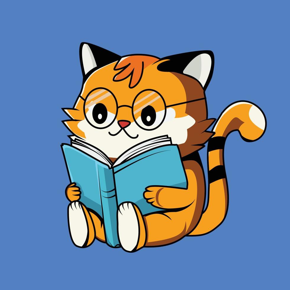 Cute Cat Reading Book Cartoon Sticker vector Illustration