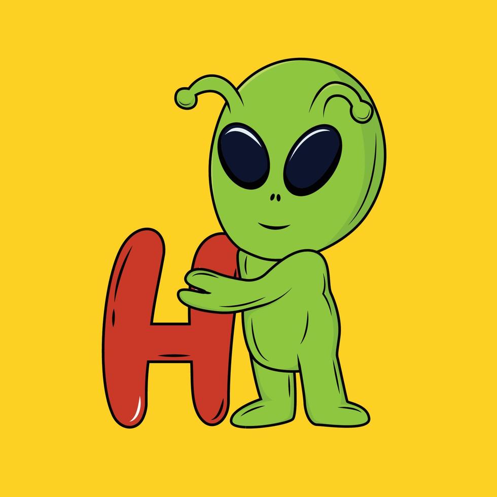 linda extraterrestre con h letra dibujos animados pegatina vector ilustración