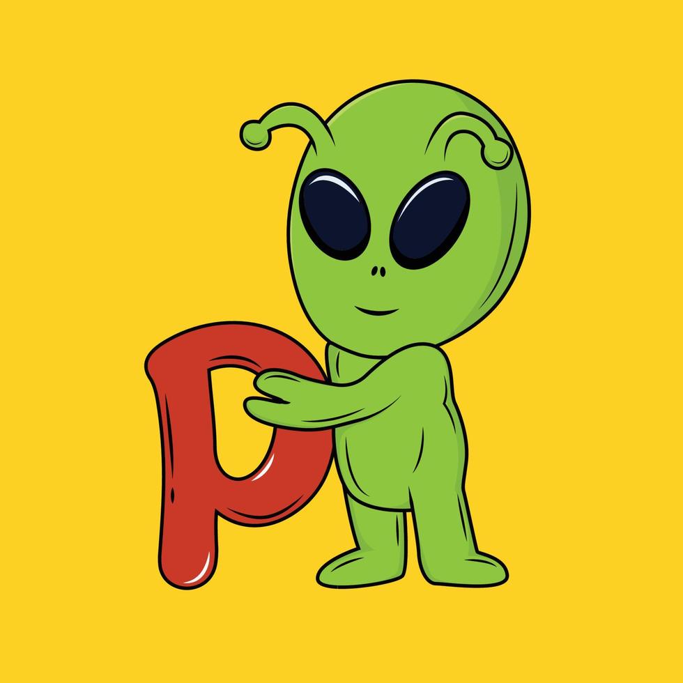 Cute Alien with A Letter Cartoon Sticker vector illustration