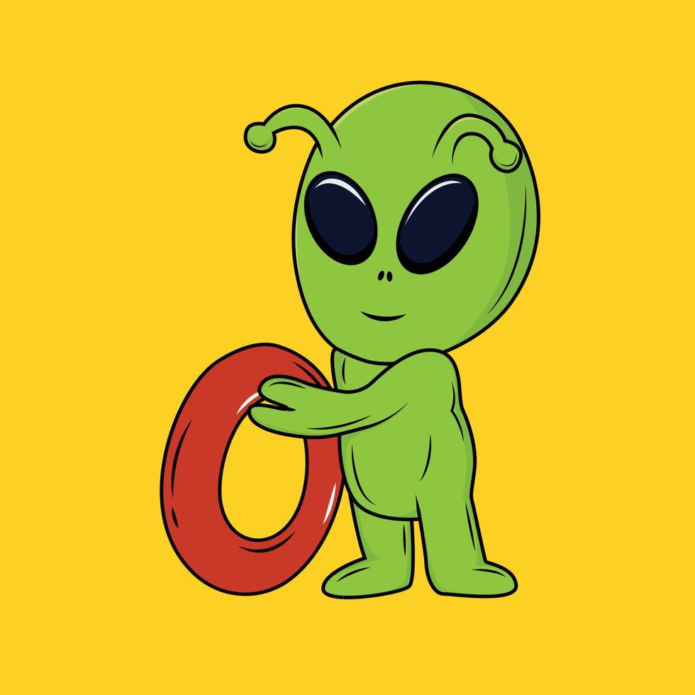 Cute Alien with A Letter Cartoon Sticker vector illustration