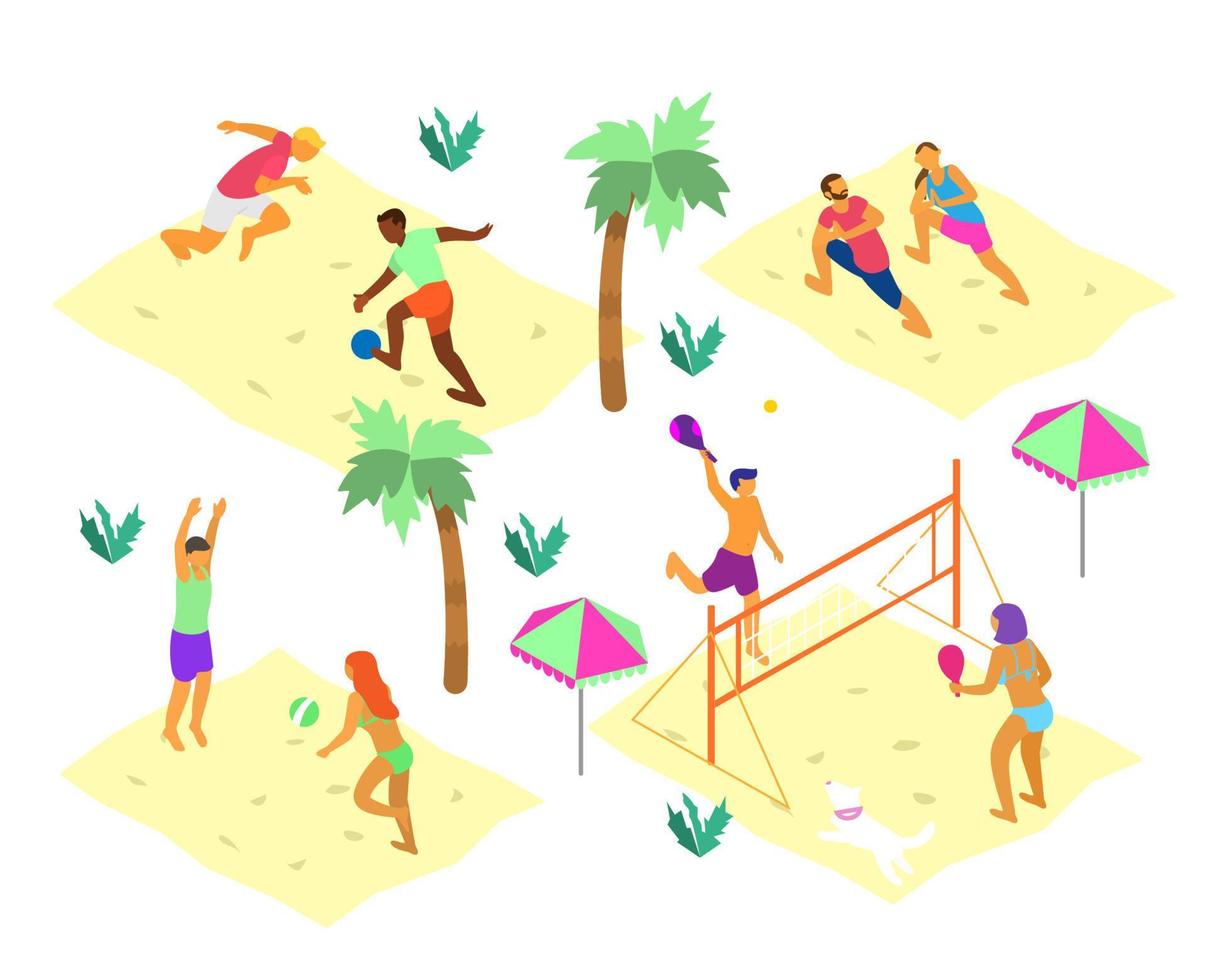 Vector set of isometric beach scenes with different people doing summer sports. Summer outdoors activities. Beach volley, soccer, racket ball, yoga on the beach.