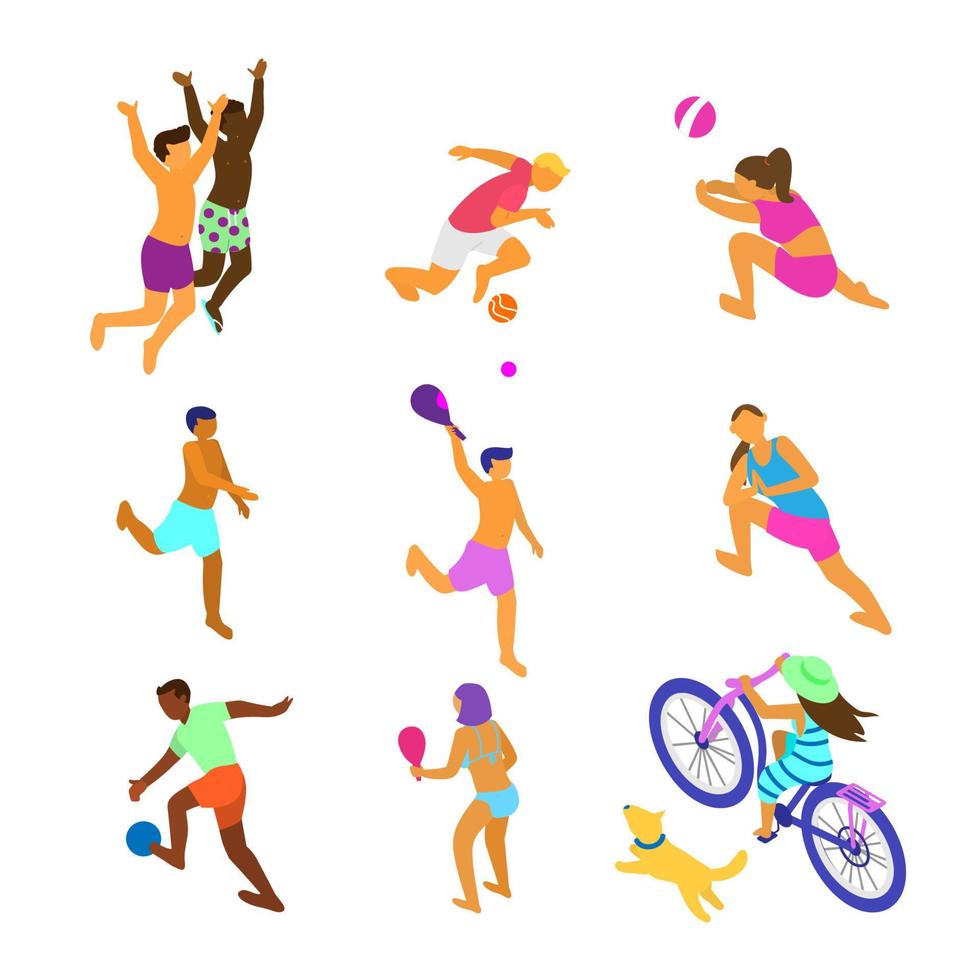 Vector set of isometric people of different ethnicity doing summer sports. Summer activities.