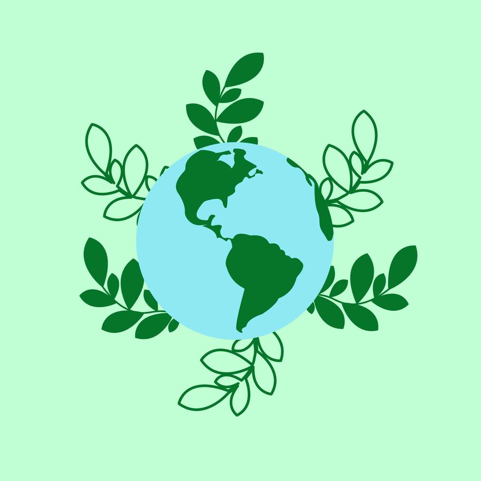 Vector illustration of Earth globe with green leaves, recycle leaves. Concept of World Environment Day, save the Earth, Earth day