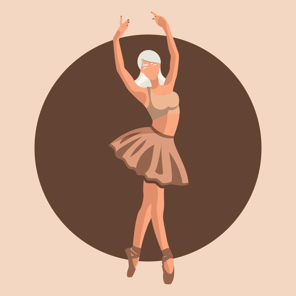 Vector illustration classical ballet. Caucasian white woman ballet dancer in a brown tutu and pointe shoes dancing on brown circle background in a flat style