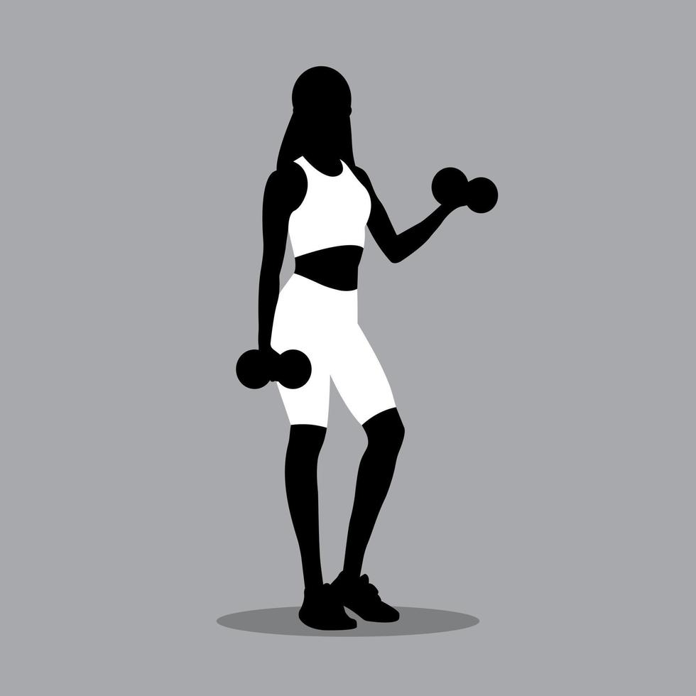 Silhouette of fitness women in sportswear standing and doing a workout with the dumbbells. Workout and sports training concept. Vector illustration