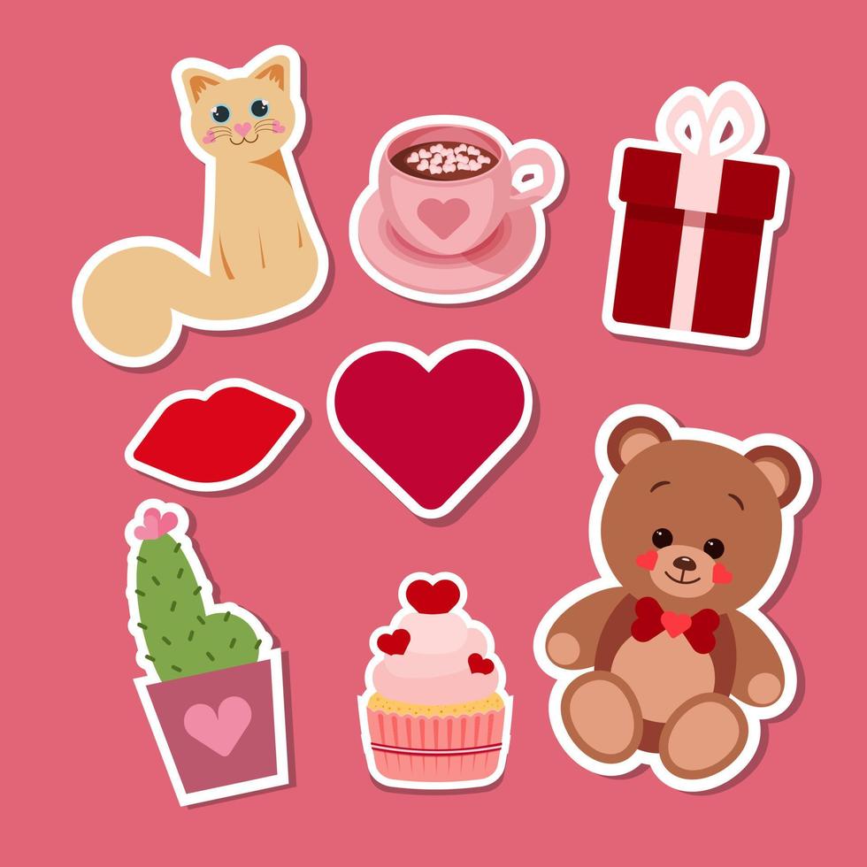 Stickers of heart, lips, gift box, teddy bear, cat, cactus, cup of coffee on the theme of love. Vector illustration