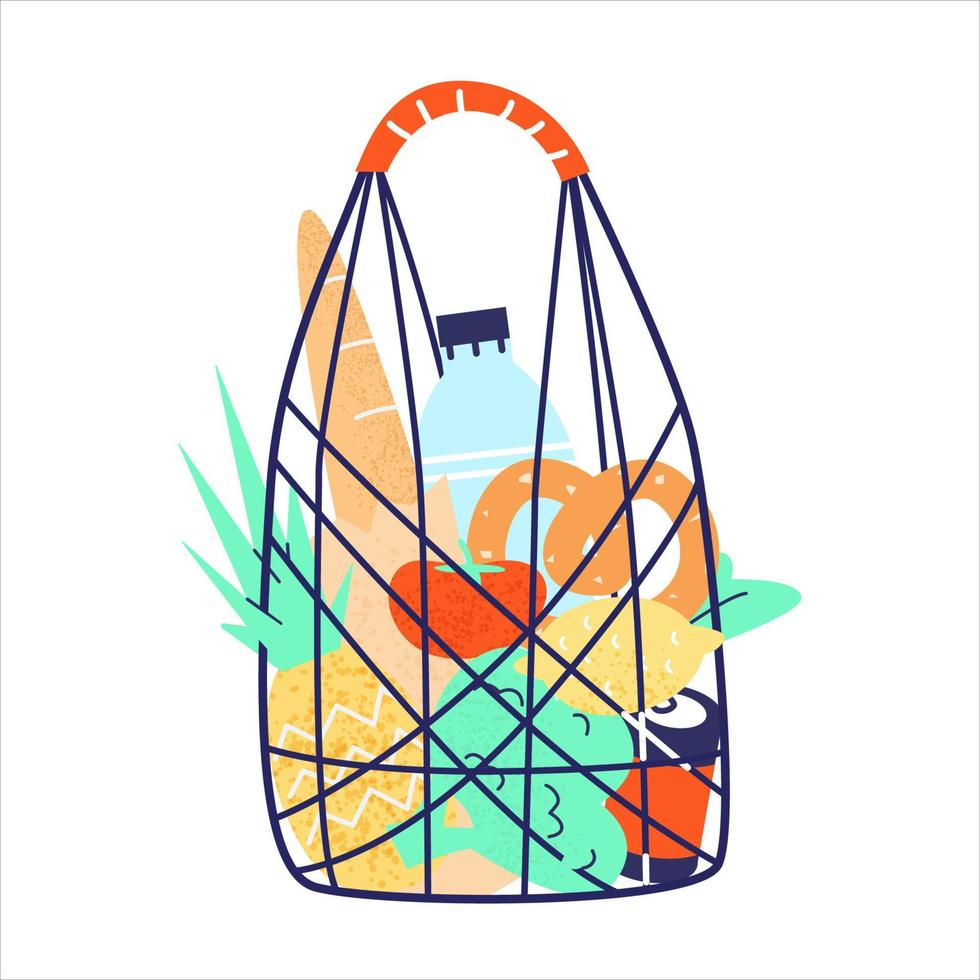 Shopping String Bag Full Of Groceries. Milk, Bread, Broccoli, Pineapple, Lemon, Canned Food, Bagel. Isolated On White. Flat Vector Illustration With Textures.