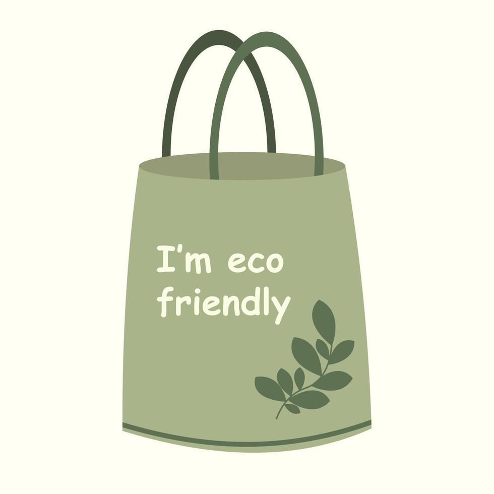 Eco bag with text vector Illustration. Reusable shopping bag with lettering I am Eco Friendly. Ecology shopping. Handbag with typography