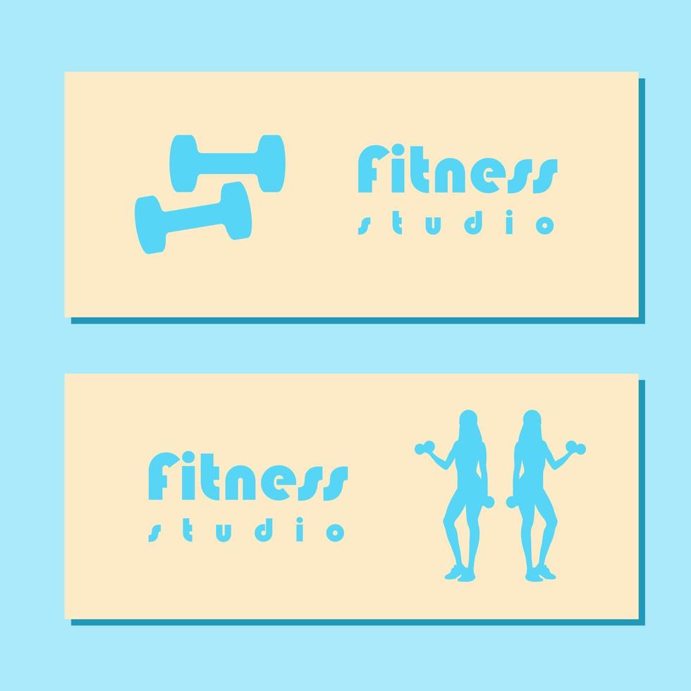 Fitness studio school flyer with silhouette of women in sportswear standing and doing a workout with dumbbells on blue background. Vector illustration