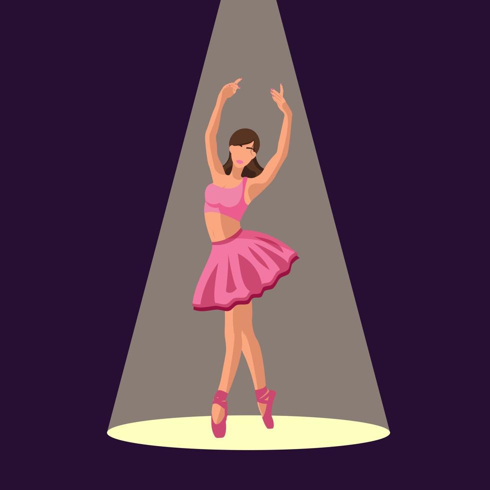 Vector illustration classical ballet. Caucasian white ballerina in a pink tutu and pointe shoe dances in the spotlight on dark purple background. Beautiful young faceless ballerina in a flat style