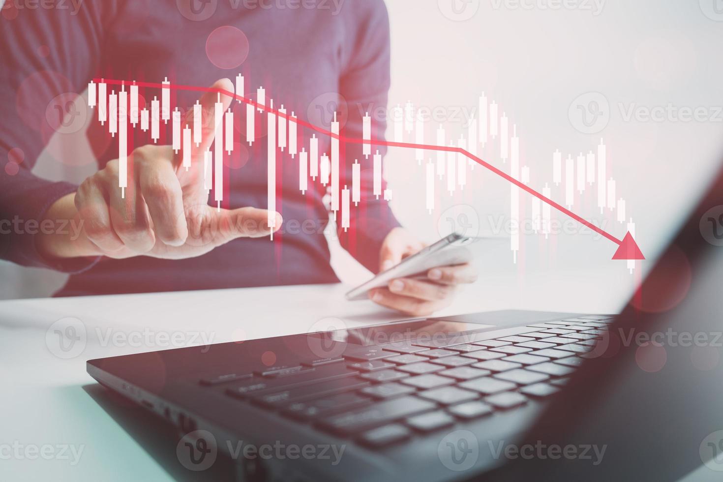 Investor analyze stock chart with laptop, businessman forecast and analysis graph in Bearish downtrend, economic slowdown, inflation crisis, loan interest rise, trade war finance, covid-19 impact. photo