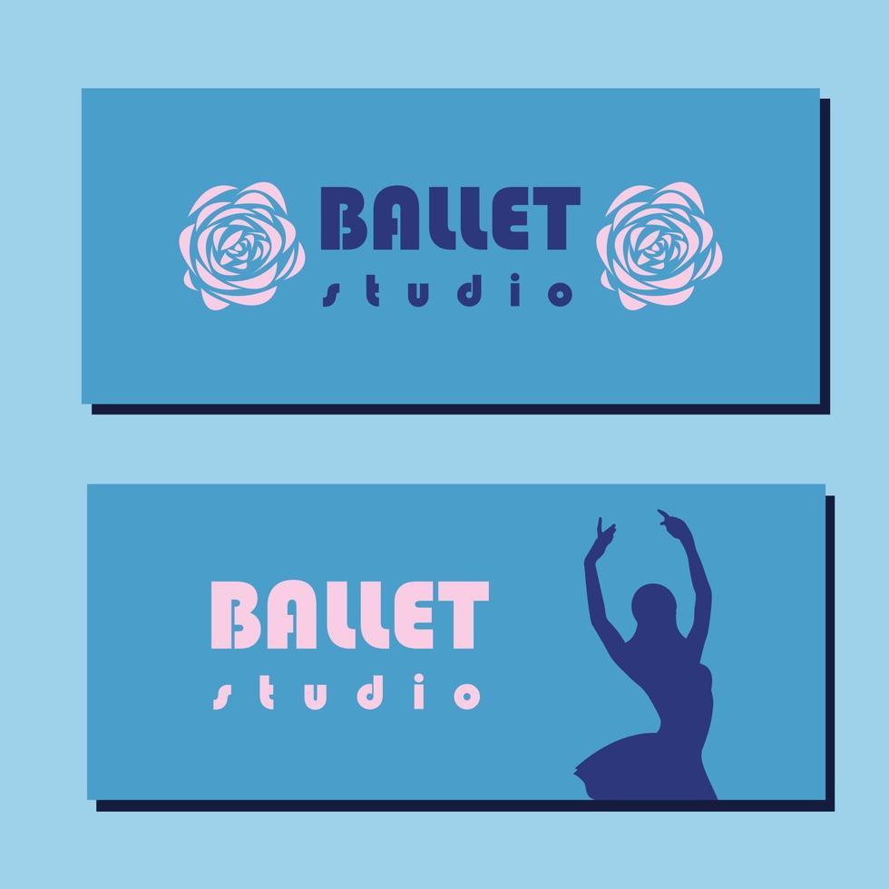 Theatre ticket design. Ballet school flyer template. Ballerina silhouette in the tutu and pointe shoe with flower. Blue and pink card design. Vector illustration