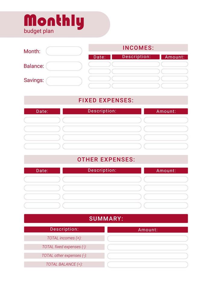 Printable personal monthly budget planner, vector illustration