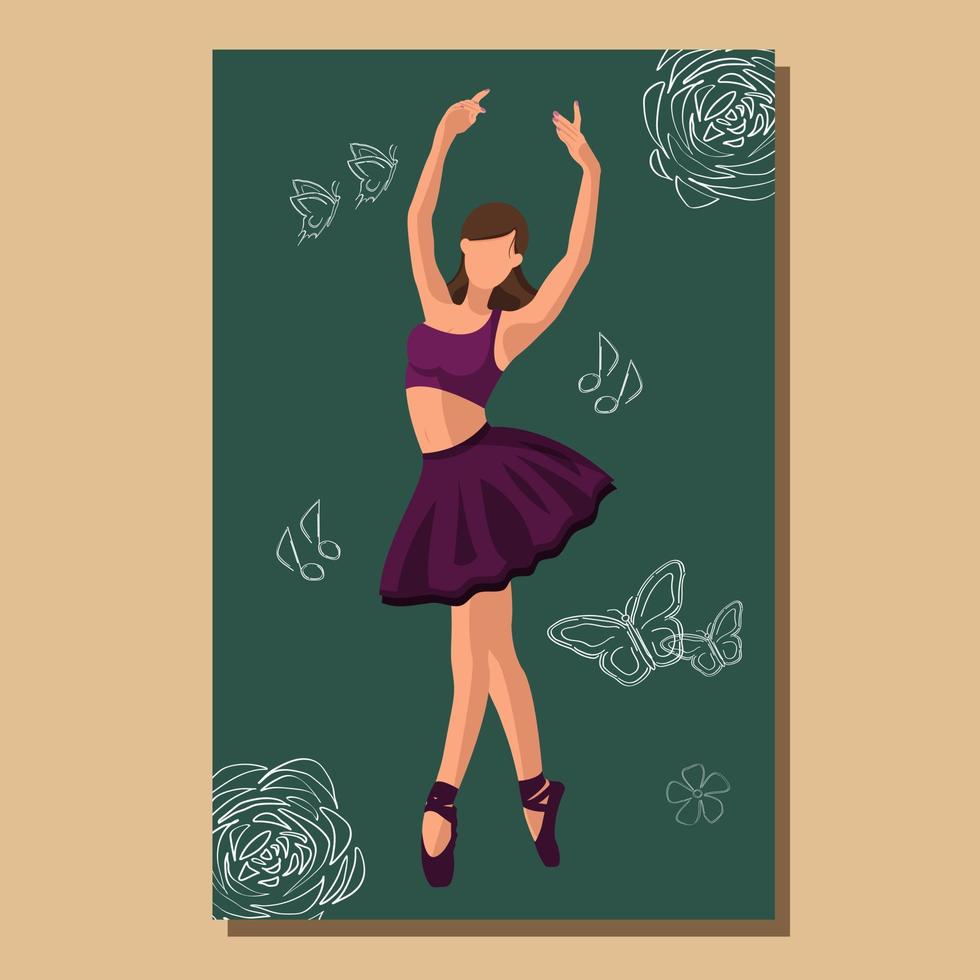 Caucasian white faceless ballet dancer in a purple tutu and pointe shoes dancing on a green poster with flowers and butterflies. Vector illustration in flat style