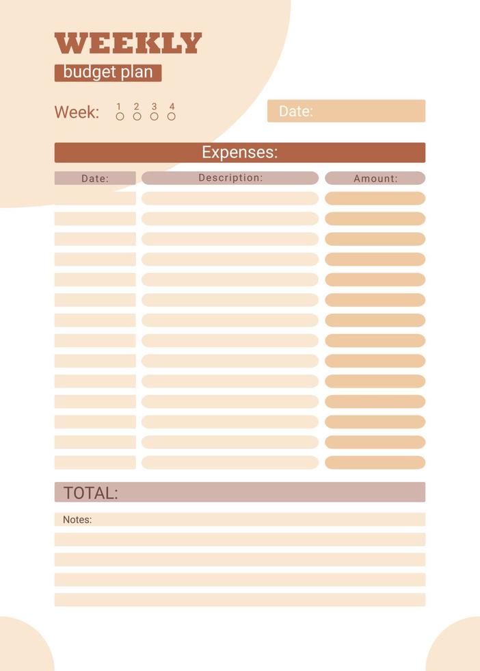 Weekly personal monthly budget planner, vector illustration