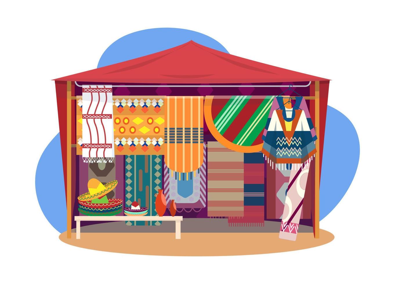 Ethnic souvenir street shop. Mexican street store with carpets, mats, ponchos, sombrero hats and pottery. vector