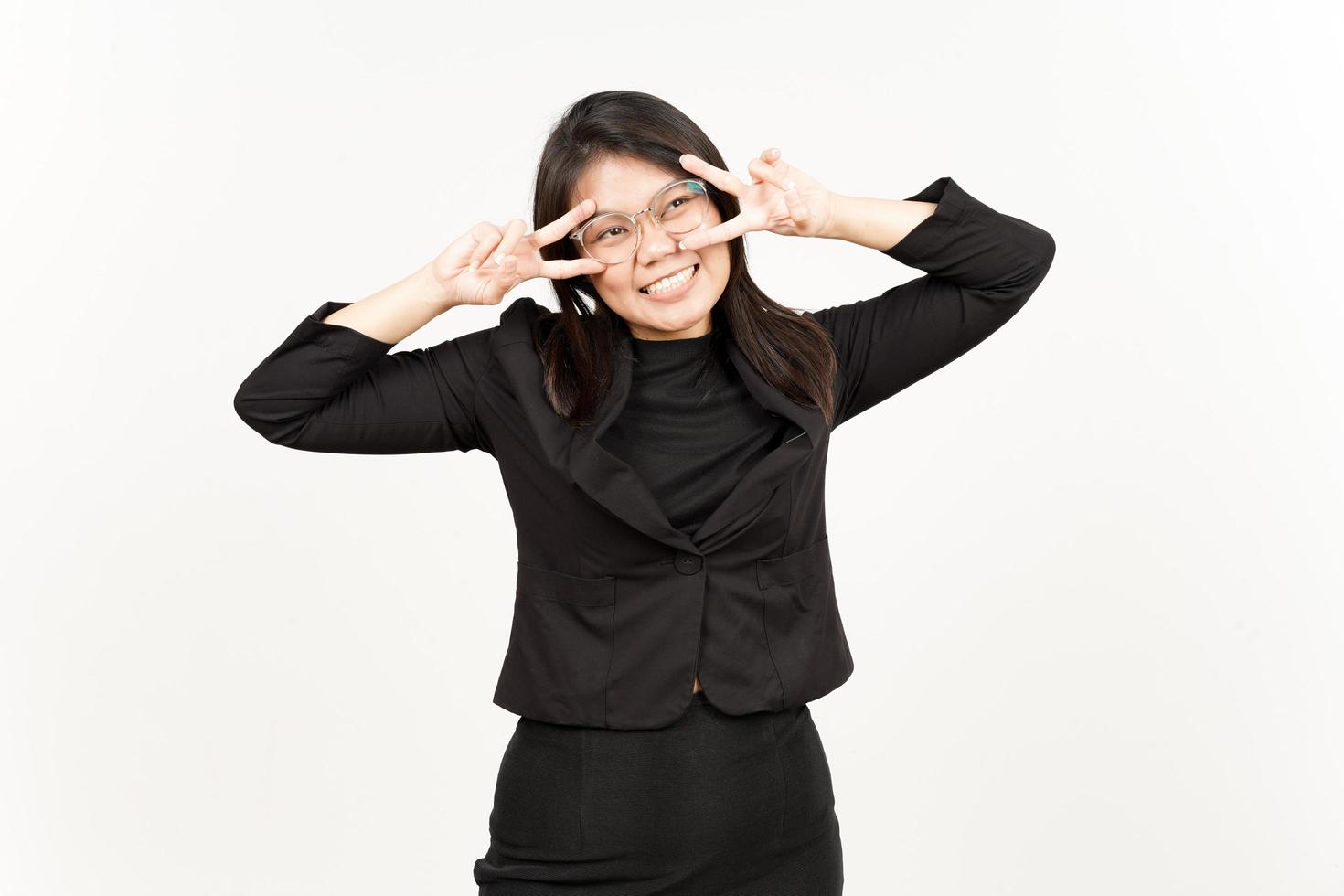 Showing Peace Sign Of Beautiful Asian Woman Wearing Black Blazer Isolated On White Background photo