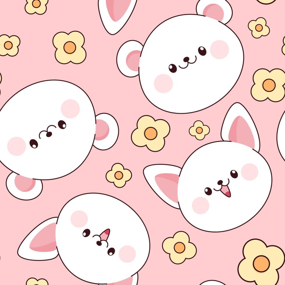 Cute pink seamless kawaii pattern with polar bear and cat with flowers vector