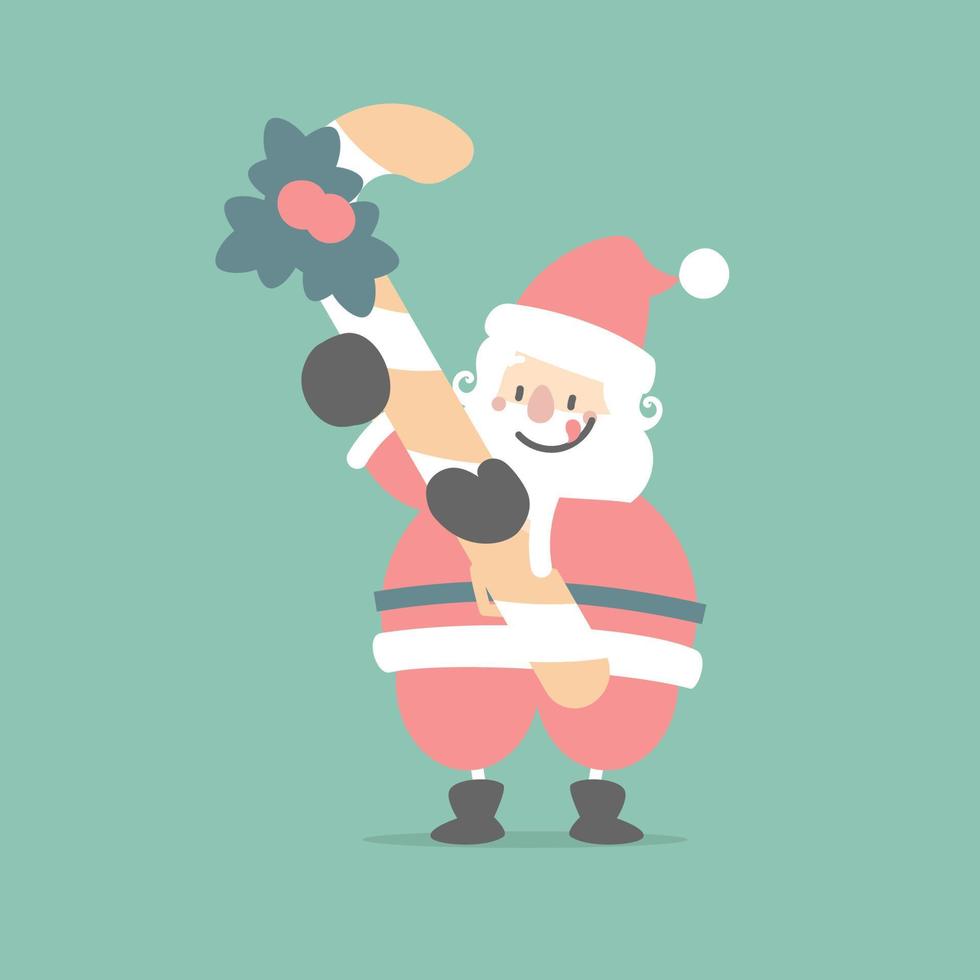 alegre Navidad y contento nuevo año con linda Papa Noel claus y caramelo caña en el invierno temporada verde fondo, plano vector ilustración dibujos animados personaje disfraz diseño