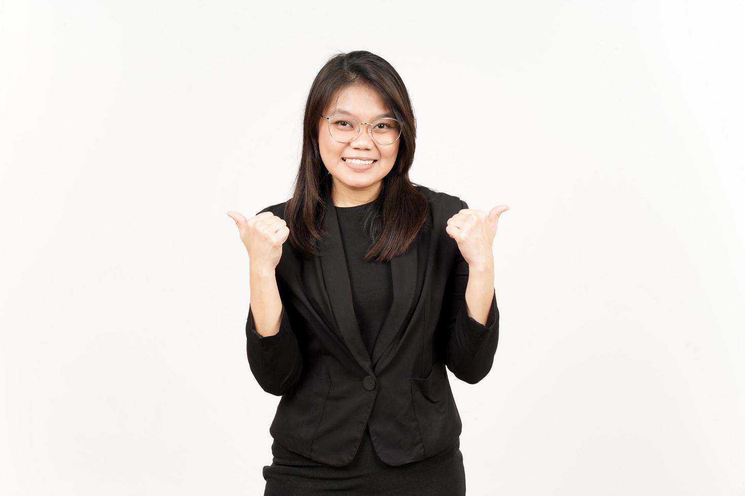 Showing Product and Pointing Right and Left Side Of Beautiful Asian Woman Wearing Black Blazer photo