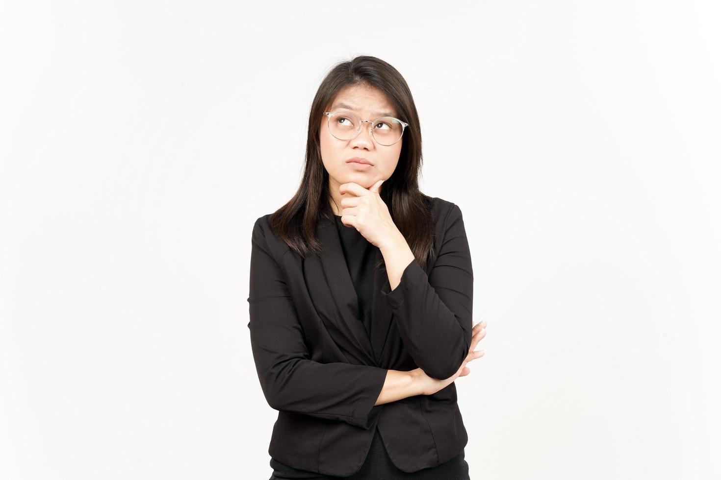 Thinking Gesture Of Beautiful Asian Woman Wearing Black Blazer Isolated On White Background photo