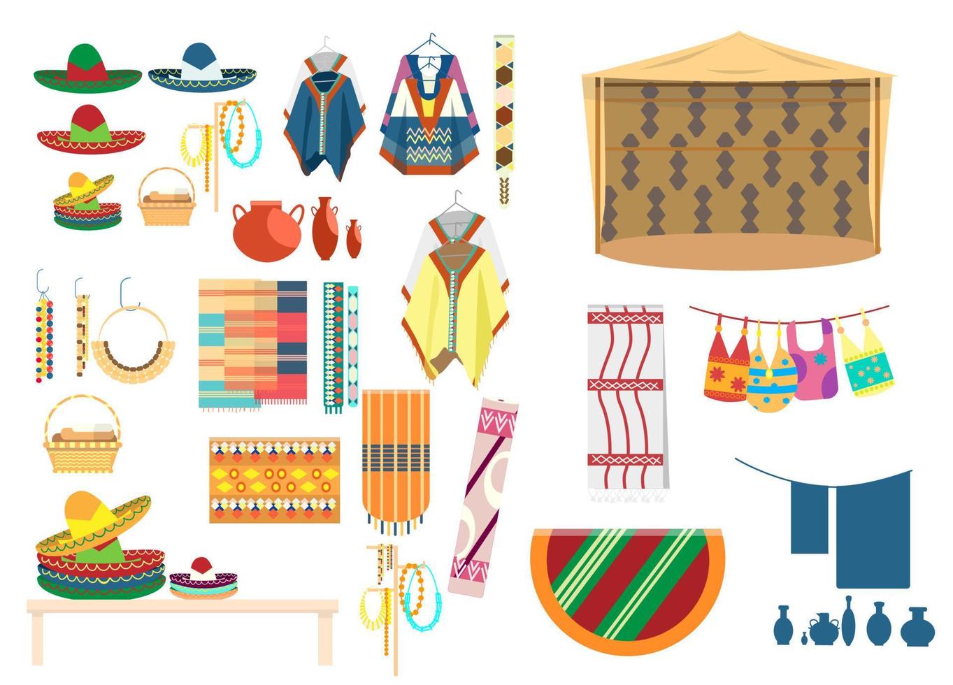Vector set of Mexican handicrafts. Traditional souvenirs. Fabric and carpets store. Street shop. Sombrero hats, ponchos, maracas, dream catcher, mask, jewelry, mats, ceramics.