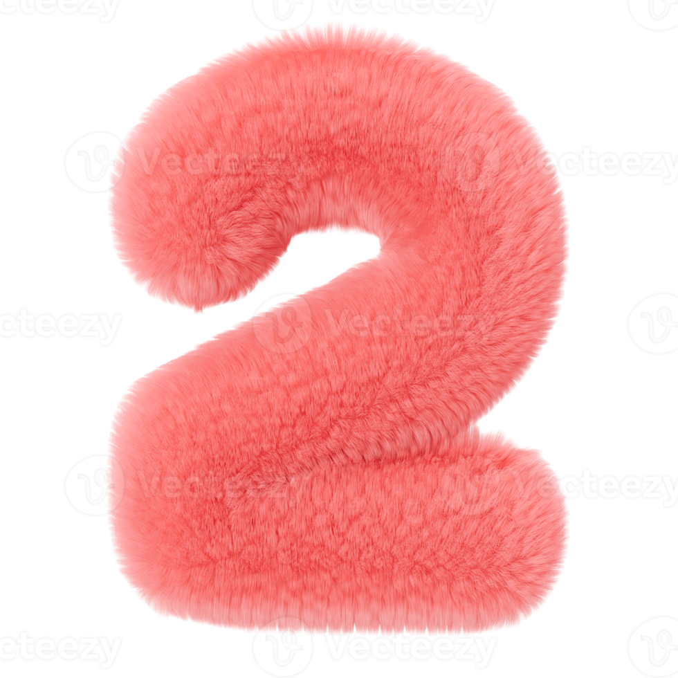Pink and fluffy 3D number two on transparent background as png. Furry, soft and hairy symbol 2. Trendy, cute design element. Cut out object. 3D rendering. png
