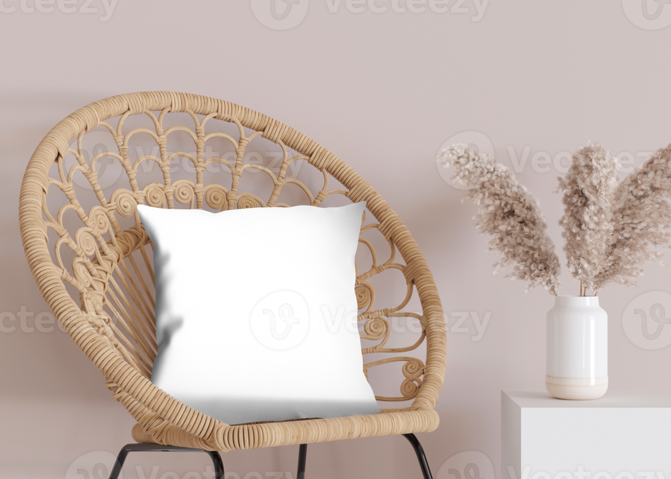 Square transparent pillow in modern room. Blank cushion case template for your graphic design presentation. Pillow cover mock up for print, pattern, personalized illustration. Close-up. 3D render, png