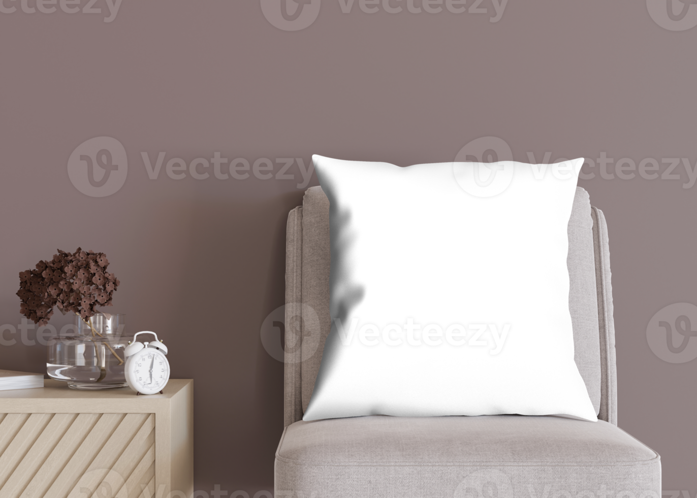 Square transparent pillow in modern room. Blank cushion case template for your graphic design presentation. Pillow cover mock up for print, pattern, personalized illustration. Close-up. 3D render, png