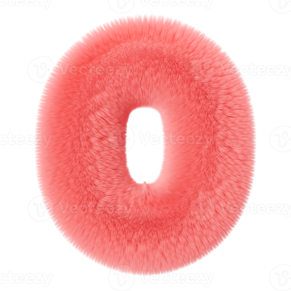 Pink and fluffy 3D number zero on transparent background as png. Furry, soft and hairy symbol 0. Trendy, cute design element. Cut out object. 3D rendering. png