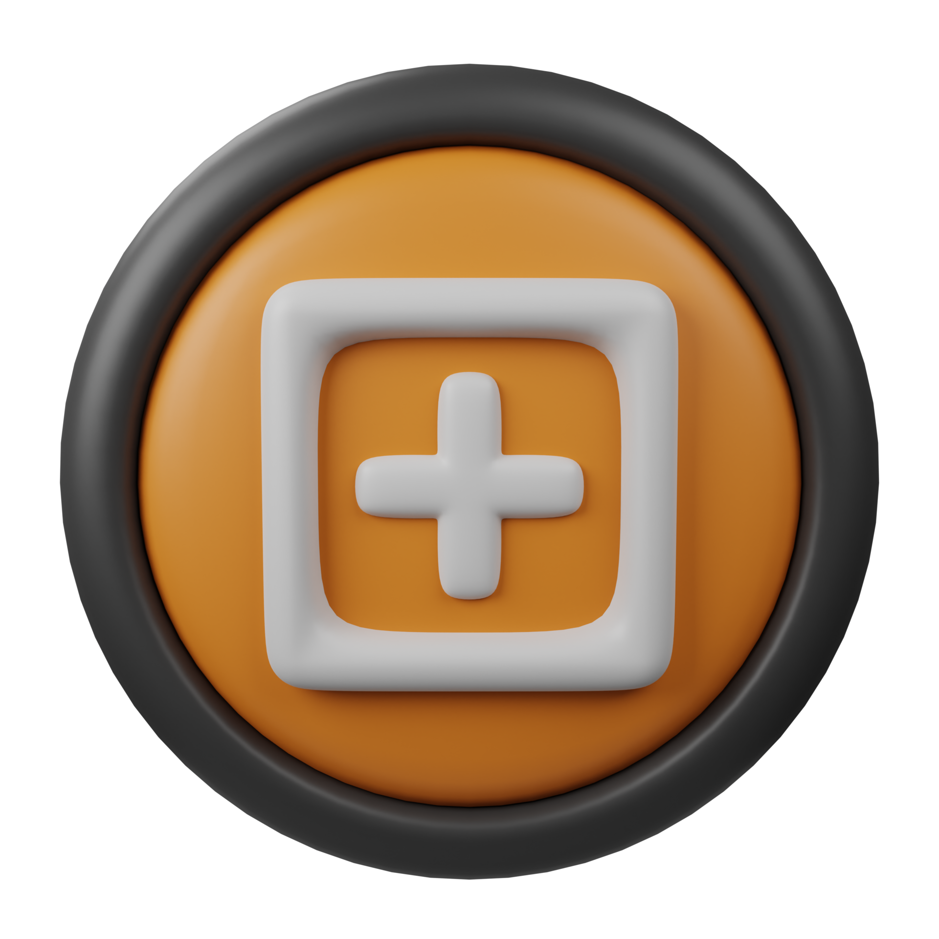 Free 3d rendered add button icon with orange color and black border for