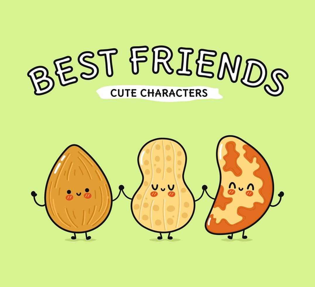 Cute, funny happy almonds, peanuts and Brazilian nut. Vector hand drawn cartoon kawaii characters, illustration icon. Funny happy cartoon almond, peanut and Brazilian nut mascot friends concept