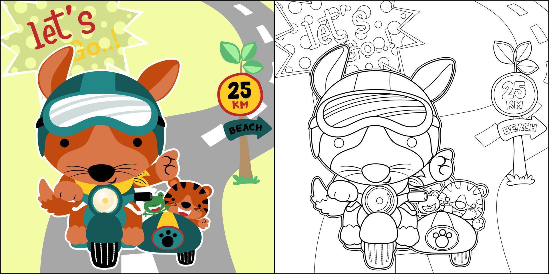 Cute fox with tiger and frog on sidecar motorcycle, coloring book or page vector