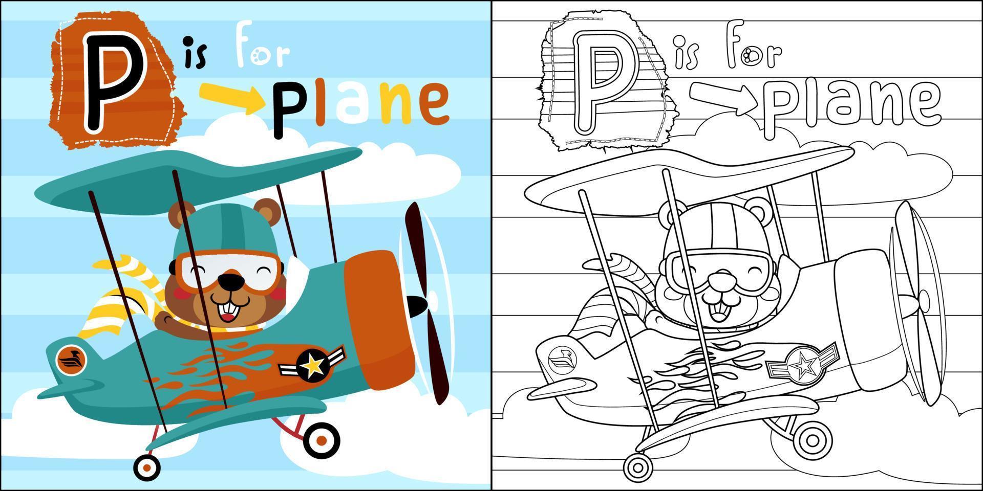 Vector cartoon of cute squirrel in pilot costume driving airplane, coloring book or page